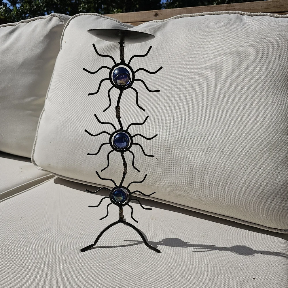 Halloween Metal Spider Candle Holder Blue Marbles Tall Goth‎ Art Deco Spooky
